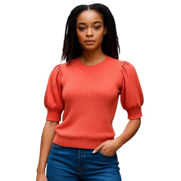 Zara Orange Ribbed Short Sleeves Top Size L - Picture 1 of 7